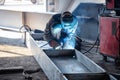 Semi-automatic welding of metal structures in the shop Royalty Free Stock Photo