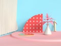 semi circle red abstract scene blue wall pink floor tree pot/jar 3d render