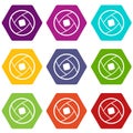 Semi-closed lens icon set color hexahedron