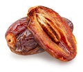 Semi-dried dates and date fruit cut in half isolated on white background. File contains clipping path