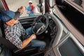 Semi Driver Talking to His Truck Dispatcher Royalty Free Stock Photo