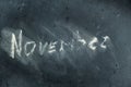 Semi-erased word NOVEMBER on black chalkboard. Handwritten word. Fuzzy letters on a black surface. The concept of alternating