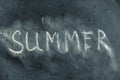 Semi-erased word SUMMER on black chalkboard. Handwritten word. Fuzzy letters on black surface. The concept of the changing seasons