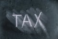 Semi-erased word TAX on black chalkboard. Handwritten word. Fuzzy letters on black surface