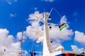 Semi-large ship`s radar tower and headlights. Royalty Free Stock Photo