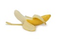 Semi-peeled ripe banana. The peeled skin hangs down on the sides Royalty Free Stock Photo