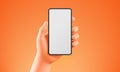 Semi Realistic Hand Holding Smartphone Over Orange Background, Mockup Template