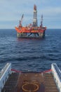 A semi-submersible drilling rig seen from the view from the bridge off an offshore vessel