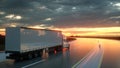 Semi trailer on asphalt road highway at sunset - transportation background. 3d rendering Royalty Free Stock Photo