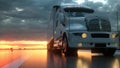 Semi trailer on asphalt road highway at sunset - transportation background. 3d rendering Royalty Free Stock Photo
