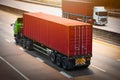 Semi Trailer Truck Driving on Highway Road. Shipping Container Trucks. Commercial Truck Transport. Freight Trucks Logistics Royalty Free Stock Photo