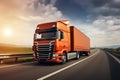 Semi trailer truck driving on highway road. Shipping container trucks. Commercial truck transport. Delivery. Diesel trucks. Lorry Royalty Free Stock Photo