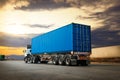 Semi Trailer Truck Driving on Highway Road. Shipping Container Trucks. Commercial Truck Transport. Freight Trucks Logistics Royalty Free Stock Photo