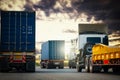 Semi Trailer Truck Driving on Highway Road. Shipping Container Trucks. Commercial Trucks Transport. Freight Trucks Logistics Royalty Free Stock Photo