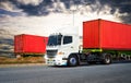 Semi Trailer Truck Driving on The Road with The Sunset Sky. Diesel Trucks. Lorry Tractor. Freight Truck Logistic. Royalty Free Stock Photo