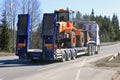 Semi Trailer Truck Hauls Wheel Loader Royalty Free Stock Photo