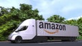 Electric semi-trailer truck with AMAZON logo on the side. Editorial 3D rendering