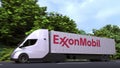 Electric semi-trailer truck with EXXON MOBIL CORPORATION logo on the side. Editorial 3D rendering
