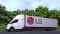 Electric semi-trailer truck with LG logo on the side. Editorial 3D rendering