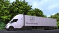 Electric semi-trailer truck with MERCEDES-BENZ logo on the side. Editorial 3D rendering