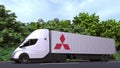 Electric semi-trailer truck with MITSUBISHI logo on the side. Editorial 3D rendering