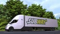 Electric semi-trailer truck with SUBWAY logo on the side. Editorial 3D rendering