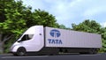 Electric semi-trailer truck with TATA logo on the side. Editorial 3D rendering