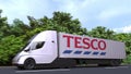 Electric semi-trailer truck with TESCO logo on the side. Editorial 3D rendering