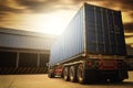 Semi Trailer Truck on The Parking Lot at Warehouse. Container Tractor Truck, Freight Truck Logistics, Cargo Transport. Royalty Free Stock Photo