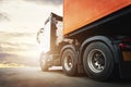 Semi Trailer Truck A Parking at Sunset Sky. Industry Road Freight Truck. Logistic and Cargo Transport Concept. Royalty Free Stock Photo