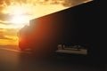 Semi trailer Truck Silhouetted with Sunset Sky. Truck Driving on the Road. Shipping Cargo Container. Lorry Tractor. Freight Trucks Royalty Free Stock Photo