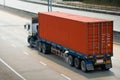 Semi Trailer Trucks Driving on Highway Road. Shipping Cargo Container, Freight Truck Logistic Cargo Transport Royalty Free Stock Photo