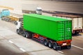 Semi Trailer Trucks Driving on Highway Road. Shipping Container Trucks. Freight Trucks Logistics Transport Royalty Free Stock Photo