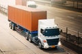 Semi Trailer Trucks Driving on The Road. Shipping Cargo Container. Lorry Tractor. Freight Truck Logistic. Royalty Free Stock Photo