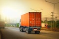 Semi Trailer Trucks Driving on The Road. Shipping Container Truck. Freight Truck Logistic, Cargo Transport Royalty Free Stock Photo