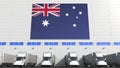 Trailer trucks at warehouse loading dock with flag of AUSTRALIA. Australian logistics related conceptual 3D rendering