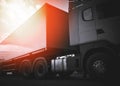 Semi Trailer Trucks Parked The Sunset. Shipping Cargo Trucks. Lorry. Industry Freight Truck Logistics Cargo Transport