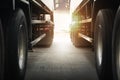 Semi Trailer Trucks Parked with The Sunset. Shipping Container Diesel Trucks. Trucking. Transit Truck, Cargo Shipment. Logistics Royalty Free Stock Photo