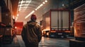 Semi Trailer Trucks on Parking at Distribution Warehouse with The Sunset. Truck Wheels Tires. Auto Service Shop