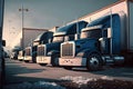 Semi Trailer Trucks on Parking lot. Delivery Trucks for Cargo Shipping. Lorry Industry Freight Truck Logistics Transport