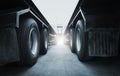 Semi Trailer Trucks The Parking Lot at the Warehouse. Big Rig Semi Truck Wheels Tires. Shipping Trucks. Lorry Tractor Logistics. Royalty Free Stock Photo