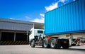 Semi Trailer Trucks on The Parking Lot at Warehouse. Shipping Cargo Container, Freight Truck Logistic, Cargo Transport. Royalty Free Stock Photo