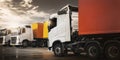 Semi TrailerTrucks Parked with The Sunset. Shipping Container Diesel Trucks. Trucking. Delivery Transit. Freight Trucks Logistics Royalty Free Stock Photo