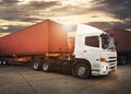 Semi TrailerTrucks Parked with The Sunset. Shipping Container Diesel Trucks. Trucking. Transit Truck, Freight Trucks Logistics.