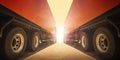 Semi TrailerTrucks Parked with The Sunset. Shipping Container Trucks. Truck Wheels Tires. Engine Diesel. Freight Trucks Logistics Royalty Free Stock Photo