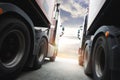 Semi TrailerTrucks Parked with Sunset Sky. Shipping Container Trucks. Truck Wheels Tires. Engine Diesel. Freight Trucks Logistics Royalty Free Stock Photo