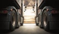 Semi TrailerTrucks on Parking with The Sunset Sky. Truck Wheels Tires. Shipping Container Truck. Delivery Transit. Diesel Trucks. Royalty Free Stock Photo