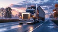 A semi truck with a cargo semi-trailer driving down a wet road during rainy weather Royalty Free Stock Photo