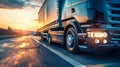 A semi truck with a cargo semi-trailer driving down a wet road during rainy weather Royalty Free Stock Photo