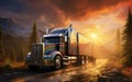 A semi truck driving down a dirt road under a cloudy sky. AI Royalty Free Stock Photo